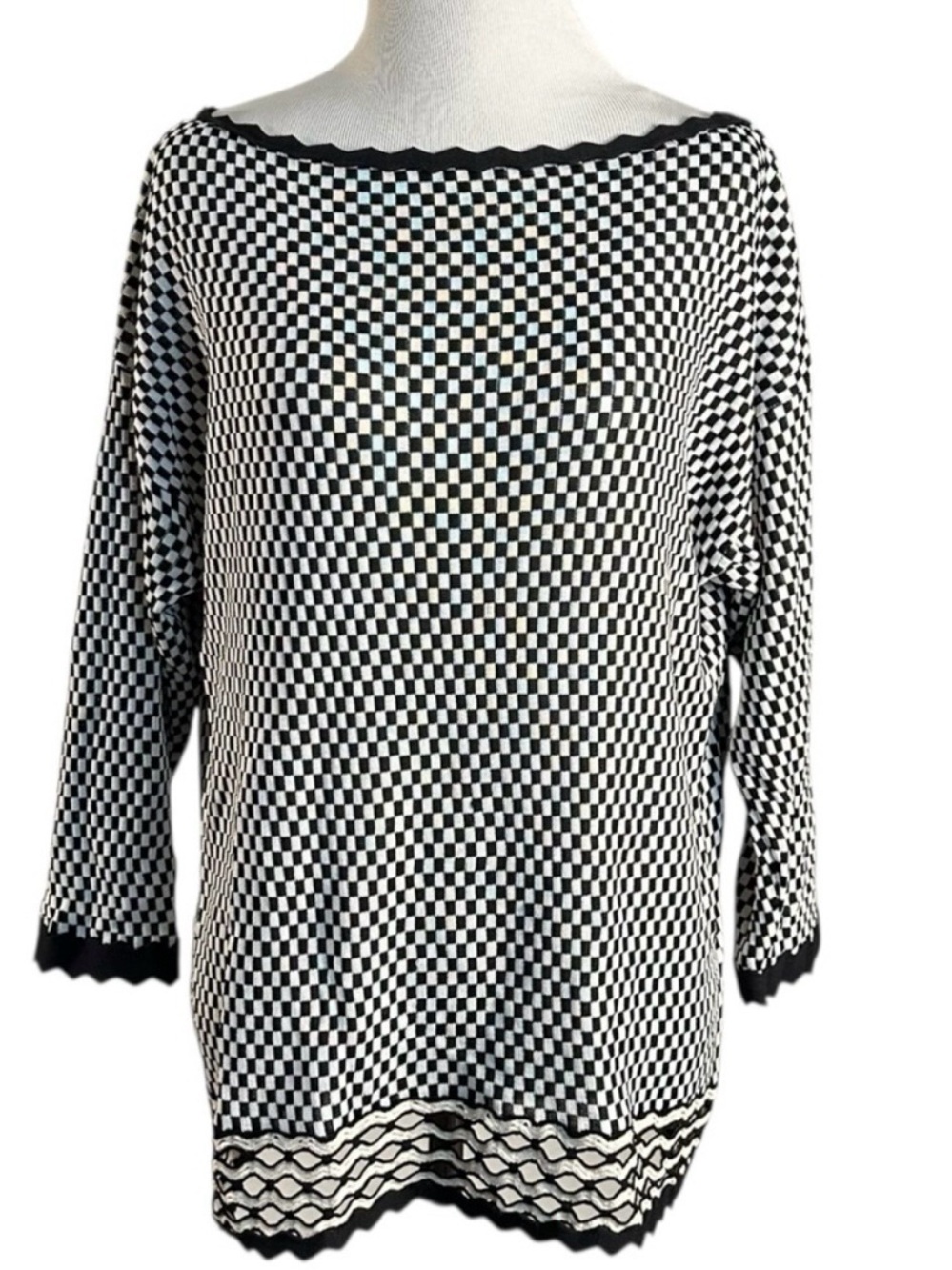 Vintage Jean Paul Gaultier Fuzzi Black White Checkered Tunic Sweater Size Large